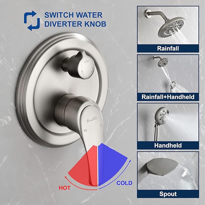 SHAMANDA Luxury Tub Shower Faucet Set with Round-in Valve, Wall Mounted Shower System with Waterfall Tub Spout and 6-Setting Rain Shower Head with 9-Setting Handheld, Brushed Nickel, L8083-2
