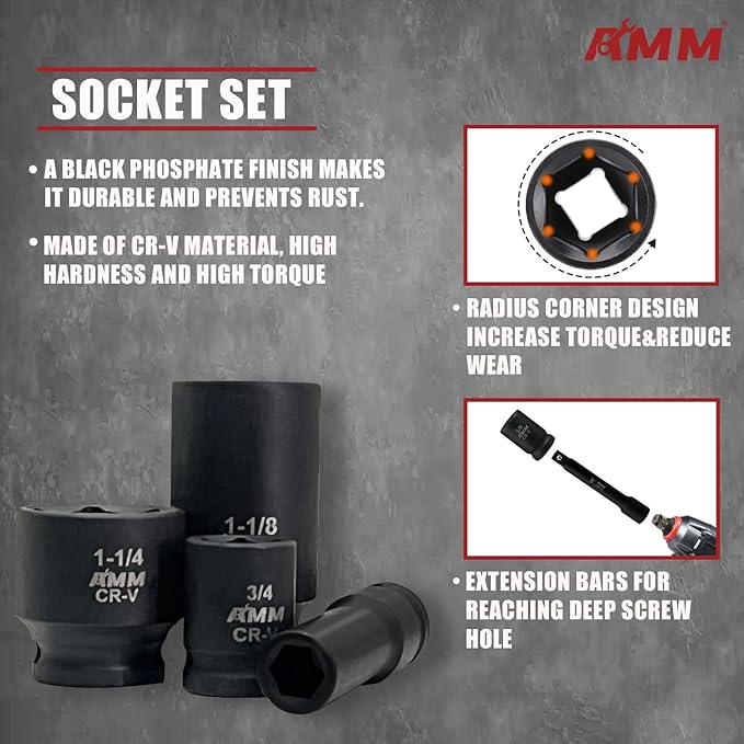 AMM 1/2-inch 66 Pieces Impact Socket Master Set, SAE & Metric from 5/16"-1-1/4",8-24mm, Shallow/Deep Socket Set with Ratched Hand, Extension Bar and Adapters,Cr-V steel