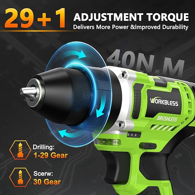 12V Brushless Power Drill, Cordless Drill with LCD Smart Display, 29+1 Torque Setting, 3/8 Inch Keyless Metal Chuck, 2.0Ah Battery, Fast Charger and 18Pcs Bits Included(Green)