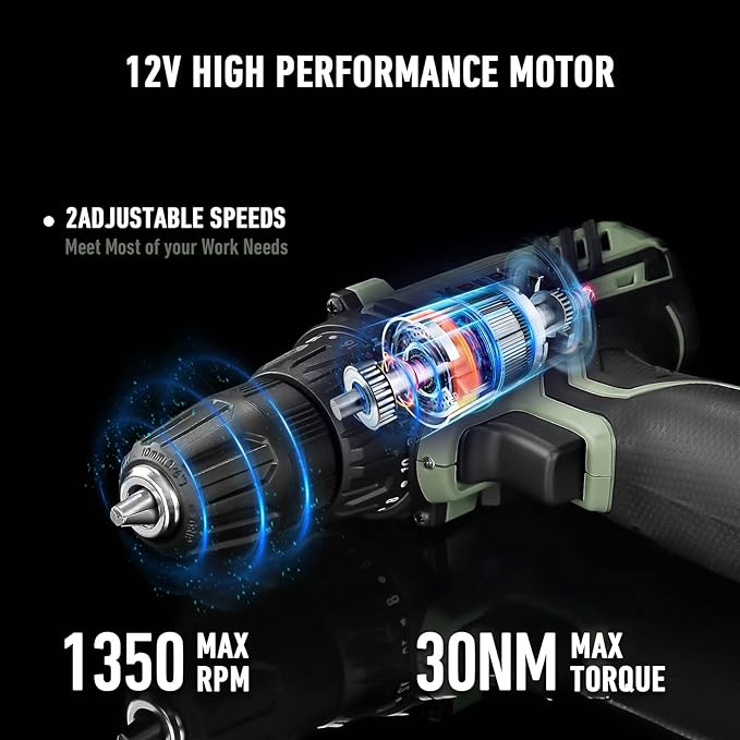 KREBS 12V Cordless Drill Set with 1.5Ah Battery & Fast Charger, 3/8-Inch Keyless Chuck 245 In-lbs 2 Variable Speed 18+1 Torque Setting with LED Electric Drill