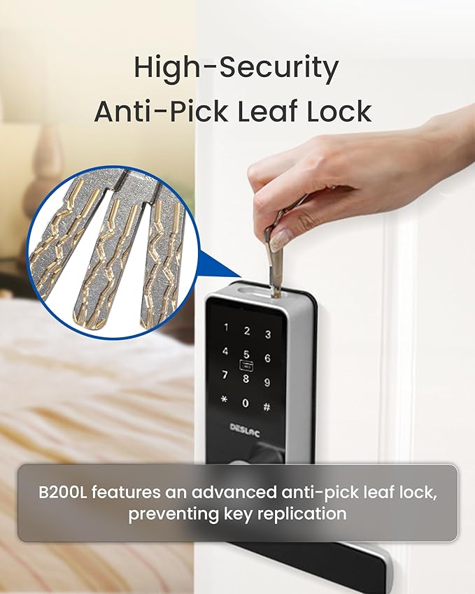 DESLOC B200L Fingerprint Smart Lock with Handle, Keyless Entry Door Locks, App Control, Touchscreen Keypad, 100 PIN Codes, Auto-Lock, 12-Month Battery, Emergency Power Port, IP54 Silver