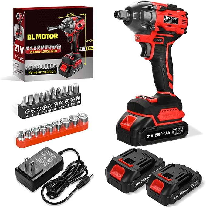 300N.m Cordless Impact Wrench, 21V Torque Power Impact Driver, 1/2" Brushless Impact Gun with 2*2.0Ah Batteries with 19 Accessories, Electric Impact Motor Variable Speeds for home installation (red)