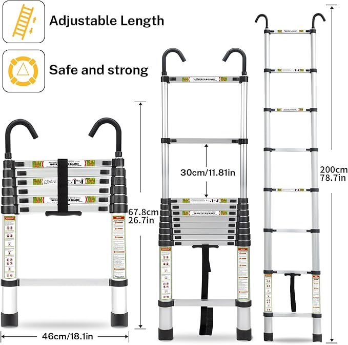 Telescopic Ladder, 6.5FT RIKADE Aluminum Telescoping Ladder with Non-Slip Feet and Stable Hook, Portable Extension Ladder for Household and Outdoor Working, 330lb Capacity