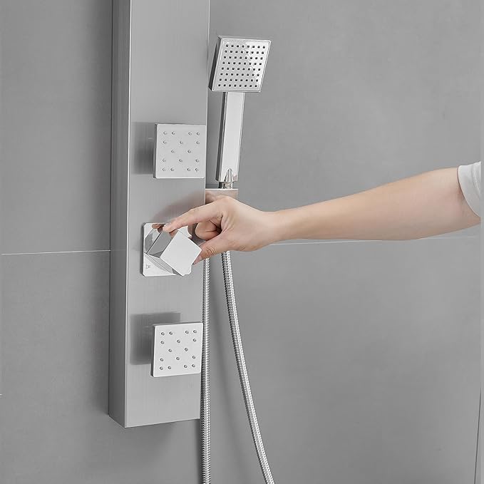 BWE Shower Panel with Rainfall Shower Head 3-Function Faucet Stainless Steel Wall Mount Retrofit Shower System with 2 Body Massage Jets and Handheld Shower,Brushed Nickel