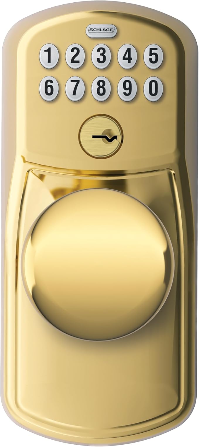 SCHLAGE FE595 PLY 505 PLY Plymouth Keypad Entry with Flex-Lock and Plymouth Style Knobs, Bright Brass