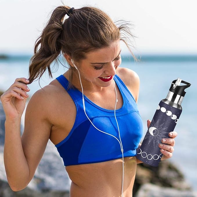 Moon Phases Circle Water Bottle with Straw Lid for Fitness Gym Camping Outdoor Sports, Wide Mouth Vacuum Insulated 18/8 Stainless Steel, 22 oz