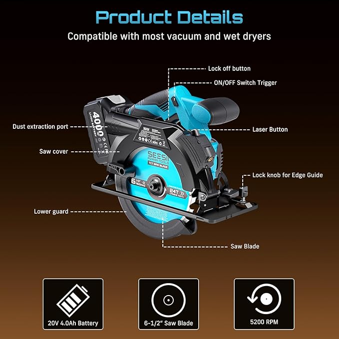 Seesii 6-1/2" Cordless Circular Saw with Battery and Charger,5200 RPM Electric Power Saw with Laser and Rip Guide for Precise Wood Cutting,Max Cut Depth 2-1/4"(90°),1-7/16" (45°) for Home Renovation