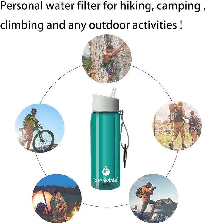 SurviMate 0.01μm Ultra-Filtration Filtered Water Bottle, Portable Water Filter Bottle with 4-Stage Filtration for Survival, Camping, Hiking, Backpacking, Drinking, Emergency