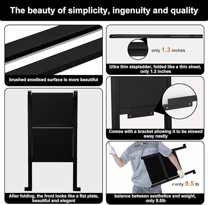 2 Step Ladder,Aluminum Ultra Thin Folding Step Stool,400 Lbs Capacity Heavy Duty with Anti-Slip Sturdy and Wide Tread,Closet Slim Step for Home,Kitchen and Office,Space Saving (Black, 2-Step)