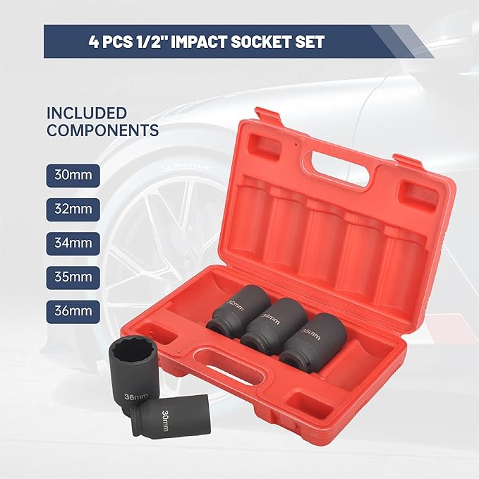 1/2" Drive 12 Point Impact Socket Set 5PCS Deep Impact Socket Set 30mm,32mm,34mm,35mm,36mm CR-MO Heavy-duty Axle Nut Socket Set with Portable Case,Black