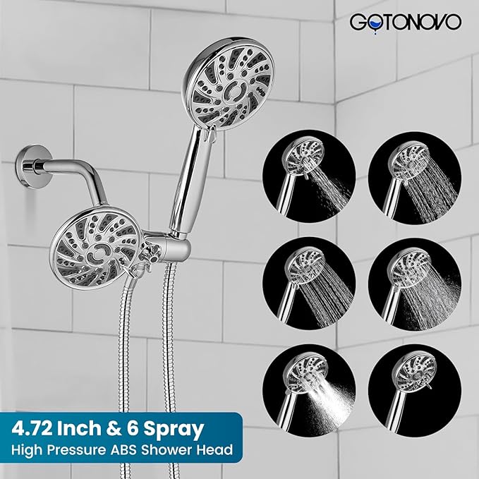 gotonovo Dual 2 in 1 Shower Head Kit High Pressure Combo System Shower Faucet 6 Modes ABS Handheld Spray Shower Trim Kit with Valve Shower Head and Handle Set Polished Chrome
