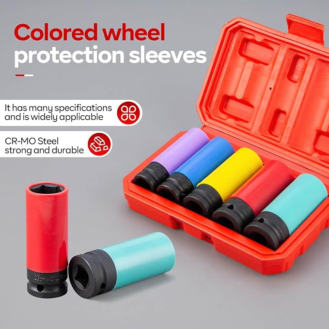 5 PCS 1/2" Drive Wheel Protector Impact Socket,Metric Size15-17-19-21-22mm,Non-Marring Lug Nut Thin Wall Deep Socket Set, CR-MO, 6 Point, Color-Coded Protective Socket