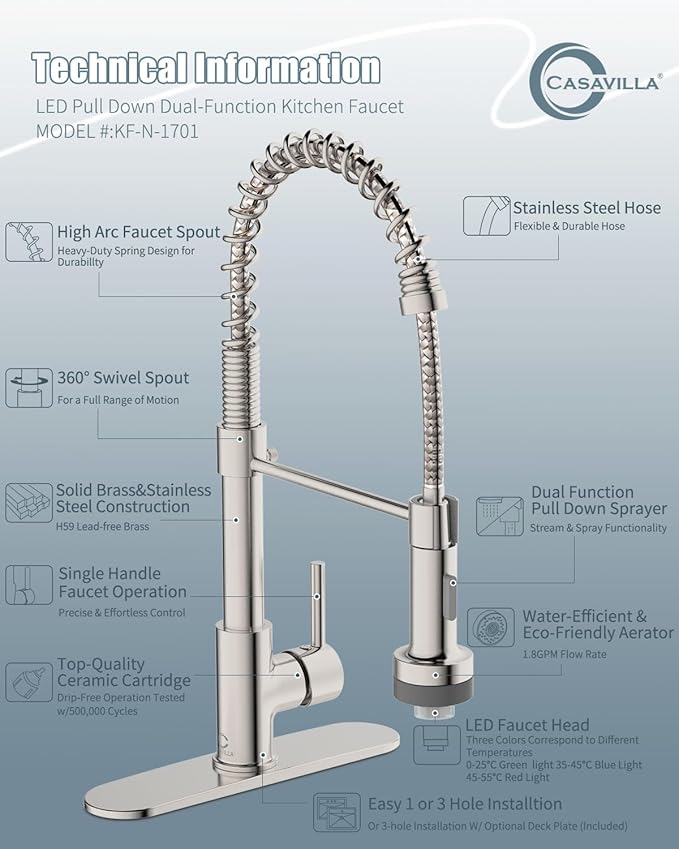 Kitchen Faucet with LED Light,Kitchen Faucet with Soap Dispenser,Faucet for Camper Farmhouse RV Kitchen Sink,Single Handle Stainless Steel Kitchen Sink Faucets with Pull Down Sprayer,Nickel Brushed