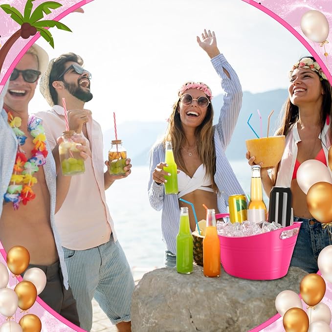 Norme 24 Pcs Oval Storage Tub with Handles, 4.5L Plastic Ice Bucket Wine Beer Champagne Bottle Drink Cooler Tub for Parties Beverage, Storage Basket (Rose Red)