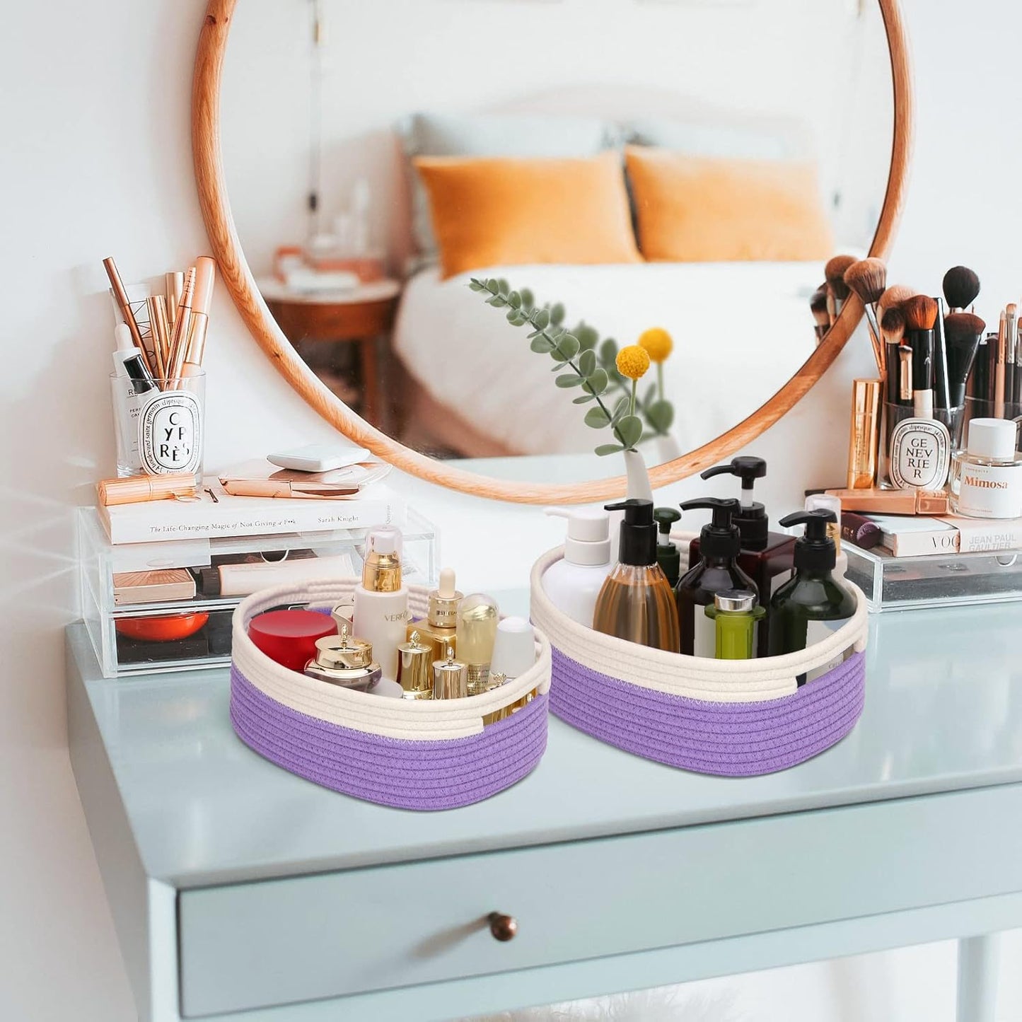 7 Piece Cotton Rope Woven Basket Set - Small Basket for Baby Nursery, Pets, Montessori, Dog & Cat Toy Boxes, Bathroom Organization Bins (White/Purple)