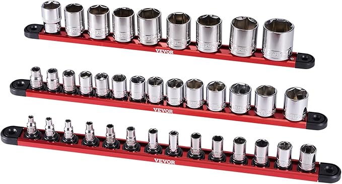 VEVOR Socket Organizer Rail Set, 3PCS Metric & SAE Aluminum Socket Organizers, 1/4'', 3/8'' & 1/2'' Heavy-Duty Socket Holder with 360° Rotating Clips for Tool Box, Hold up to 40 Sockets, Red & Black