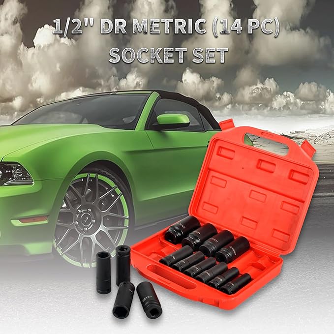 1/2" Drive Deep Impact Socket Set, 14 Piece 6 Point Metric Sizes 11-32mm(11 12 13 14 15 17 18 19 21 22 24 27 30 32mm),Cr-V Steel,Deep Socket Set 1/2 Drive