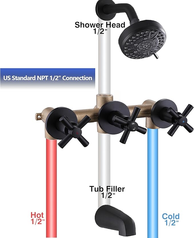 3 Handle Tub Shower Faucet Matte Black, Bathtub Shower Faucet Set With Tub Spout, Tub and Shower Trim Kit with Valve