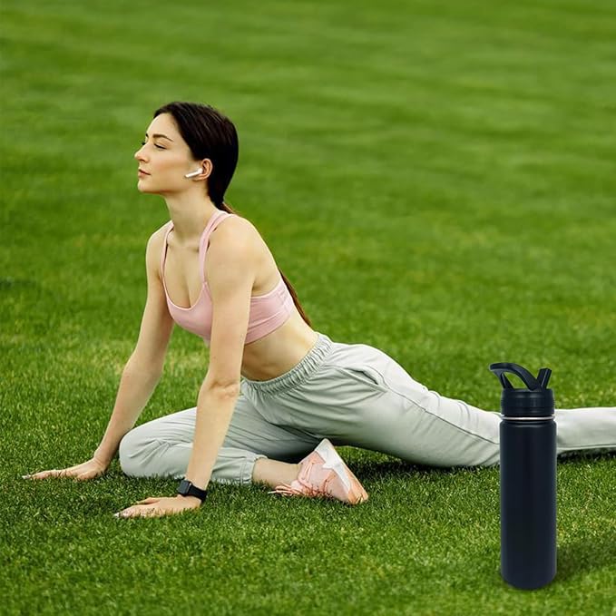 4pack 22 oz Insulated Water Bottle With Straw, Stainless Steel Sports Water Cup Flask with 2 Lids, Wide Mouth Travel Thermal Mug,Black