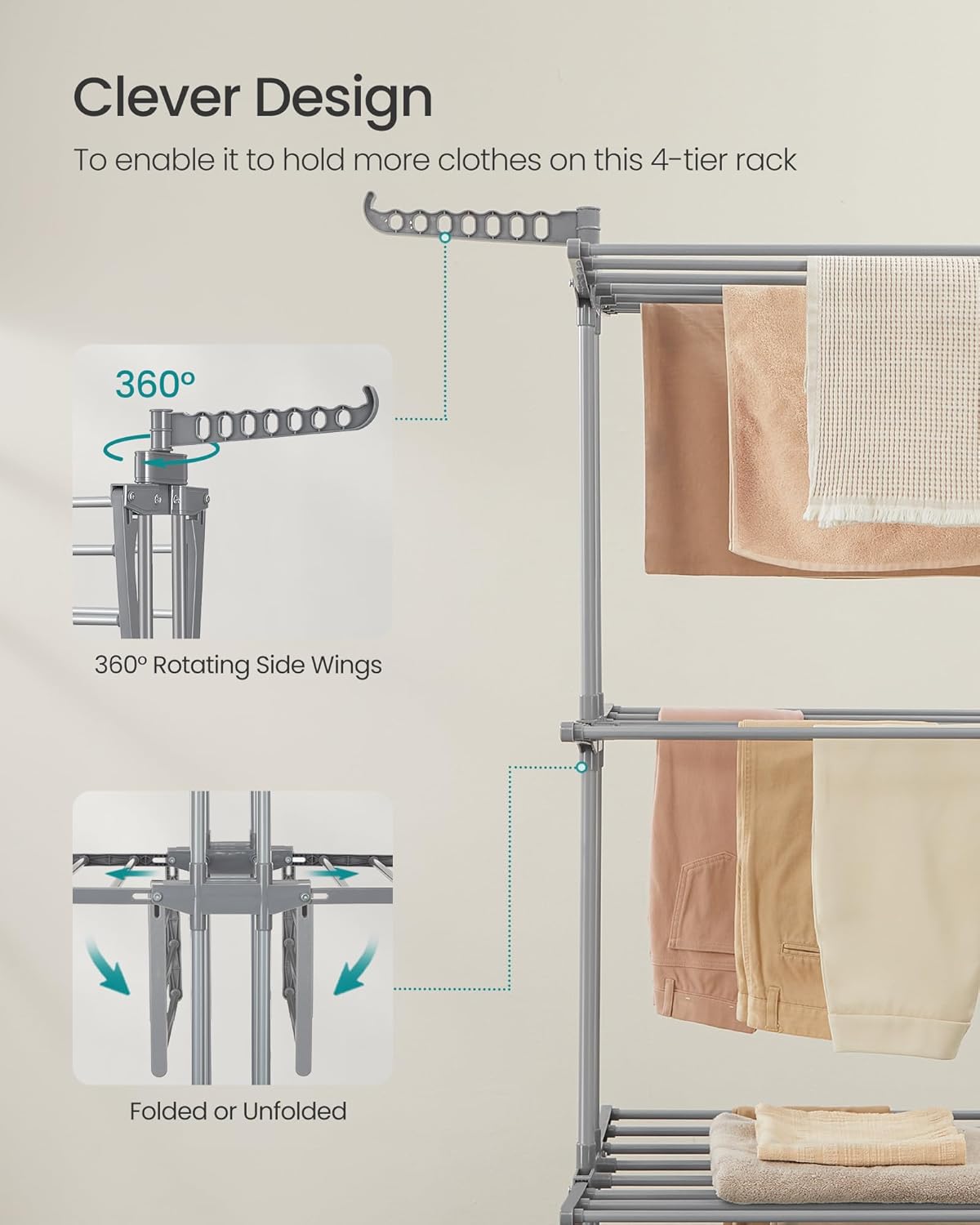 SONGMICS Clothes Drying Rack 4-Tier, Foldable Laundry Drying Rack 69.9-Inch Tall, Extendable Rods, Stainless Steel, Rolling Clothes Horses, Clothes Airer, Indoor Outdoor Use, Dove Gray ULLR704G01