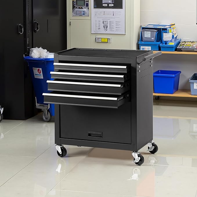 Tool Chest 4 Drawers Garage Storage Cabinet Steel Frame Tool Chest with Wheels, Top Storage Rack, Rubber Mat, Side Handle for Warehouses and Workshop, Black
