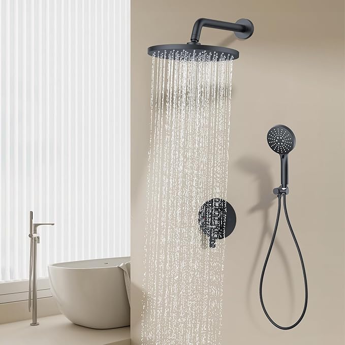 KOJOX Shower System- High Pressure Shower Head- 3 Setting Headheld Shower Head Fixtures- Shower Valve Included (Matte Black)