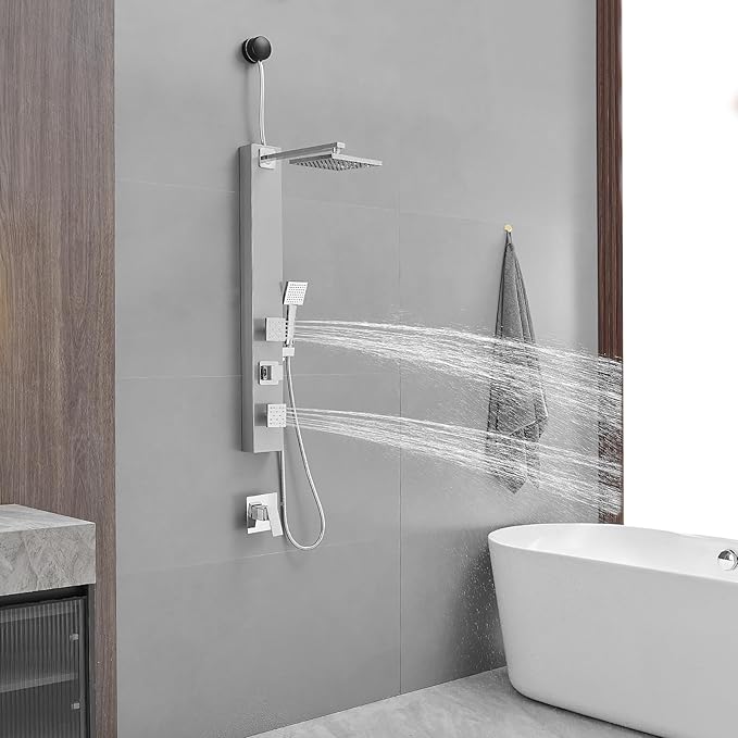 BWE Shower Panel with Rainfall Shower Head 3-Function Faucet Stainless Steel Wall Mount Retrofit Shower System with 2 Body Massage Jets and Handheld Shower,Brushed Nickel