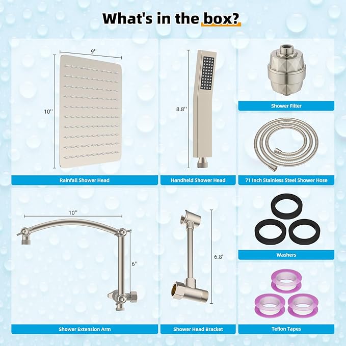 Hibbent Metal 10'' Filtered Rainfall Shower Head with Handheld Combo, High Pressure Shower Wand, 16'' Adjustable Arc Extension Arm, 20 Stage Shower Filter, 71'' Hose, Shower Holder, Brushed Nickel