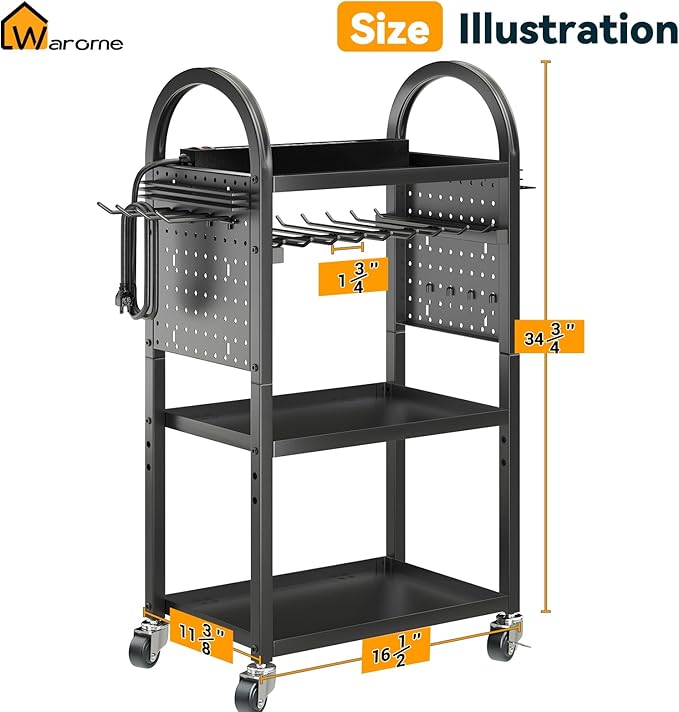 Warome Power Tool Organizer Cart with 8 Movable Charging Station, 4-tire Rolling Utility Cart for 8 Electrical Drills Holders, Storage Cart on Wheels for Garage Storage in Black, Gifts for Man