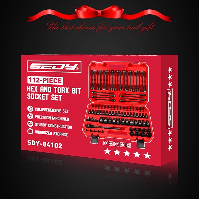 112-Piece Torx and Allen Bit Socket Set, 1/4", 3/8",1/2" Drive Bit Socket Set with Quick-Release Ratchet Wrench, Adapters, Extra long torx/Tamper proof torx/Hex/Ball End Hex/E-Trox,SAE/Metric,S2 Steel