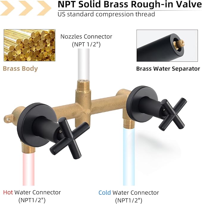 2 Handle Shower Faucet Set With Handheld Shower Head,Dual 2 in 1 Shower Head System, Shower Combo Set with Handheld,2 Knobs Tub and Shower Trim Kit with Valve,Wall Mounted,Matte Black,2A3MK