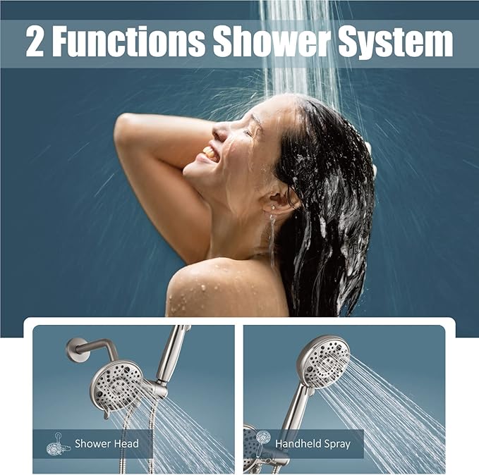 Aolemi Shower Faucet Set Rain Shower Head System Shower Trim Kit Pressure Rough-in Valve Included ABS 8 Setting Dual Shower Head and Handheld Spray Brushed Nickel