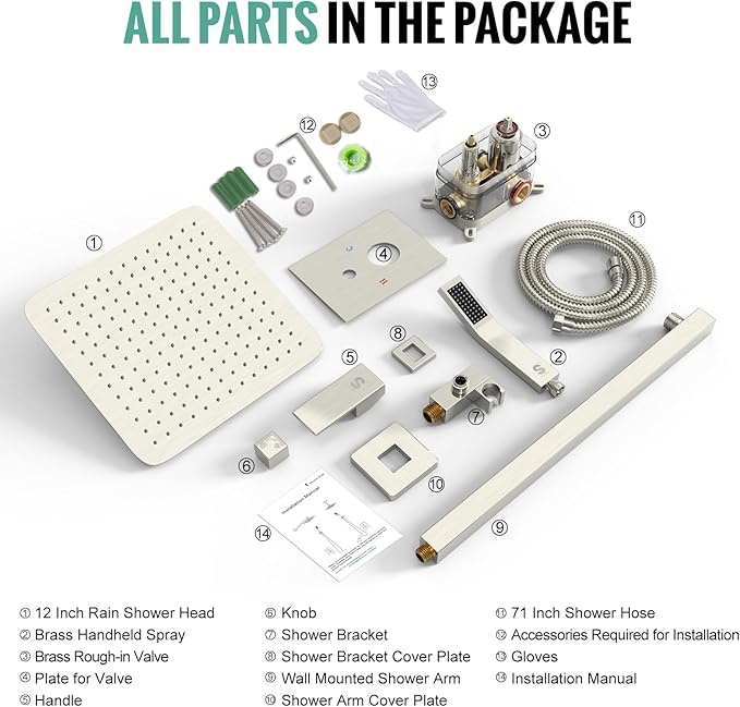 SR SUN RISE 12 Inches Bathroom Luxury Rain Mixer Shower Combo Set Wall Mounted Rainfall Shower Head System Brushed Nickel Finish Shower Faucet Rough-In