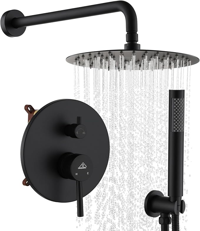 CASAINC Shower Valve and Trim Kit, 10 Inch Round 2 Functions Rain Shower Head with Handheld Spray Wall Mounted Shower System (Matte Black)