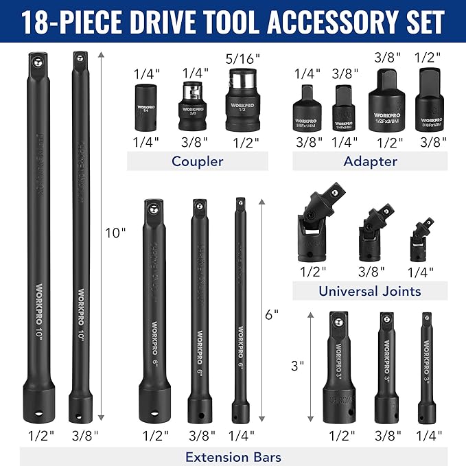 WORKPRO 18-Piece Impact Socket Extension Set, Includes Socket Adapters, Ratchet Extension Set, Socket Extension Bar, Swivel Universal Joints and Impact Coupler, 1/4", 3/8" & 1/2" Drive