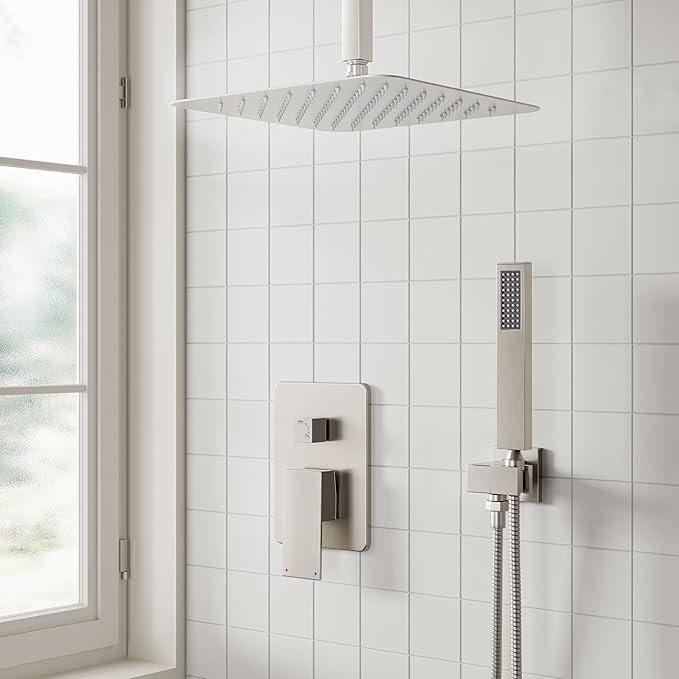 ESNBIA Shower System, 12 Inches Rain Shower Head with Handheld Combo Set, Shower Faucet Set with Valve and Trim, Ceiling Mounted High Pressure Rainfall Dual Shower Head System, Brushed Nickel