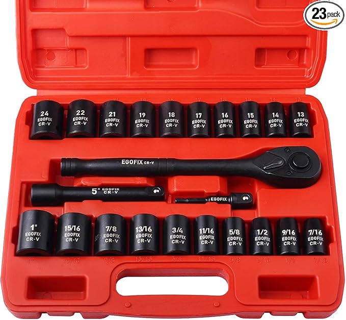 1/2" Drive Impact Socket Set, 23 Piece Metric (13-19, 21, 22, 24mm) and SAE (7/16 to 1 inch) Tool Set with 72 Tooth Reversible Ratchet, with Storage Box for Auto Repairing