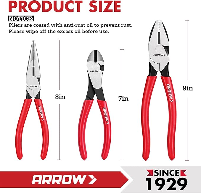 ARROW 3PCS Pliers Set, 8" Needle Nose Pliers, 7" Diagonal Plier, 8" Linesman with Non-slip Handle, Premium Carbon Steel, High Leverage Design