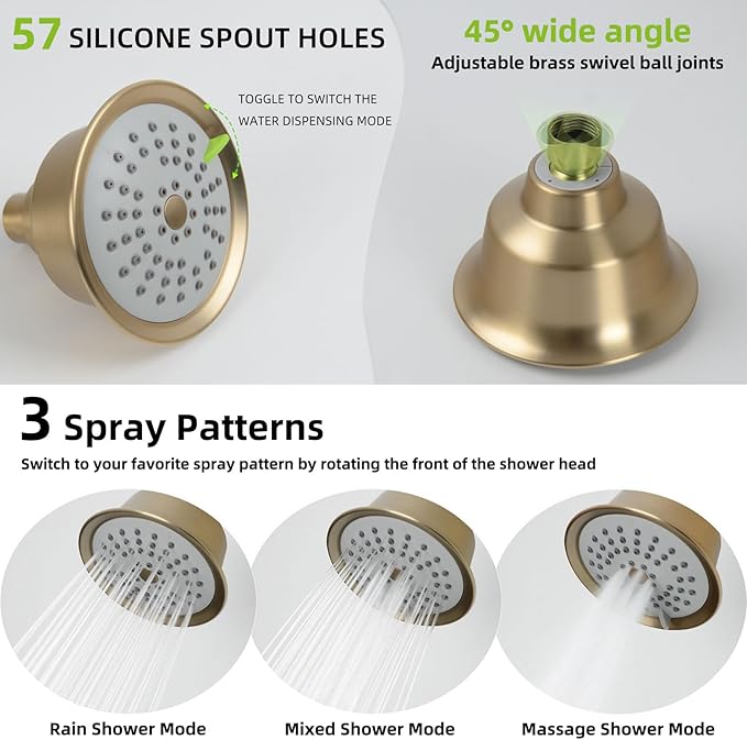 2 Handles Shower Faucet Set,Tub and Shower Trim Kit with Rough-in Valve,2 Handle Shower Faucet with 3 Modes Rainfall Shower Head,2 Knobs Single Function Shower Faucet,Brushed Gold,1A4MK-W