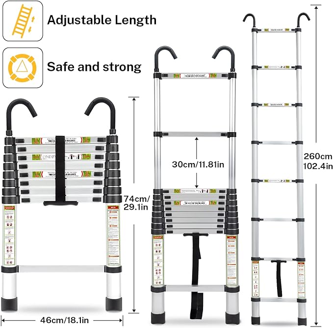 Telescopic Ladder, 8.5FT RIKADE Aluminum Telescoping Ladder with Non-Slip Feet and Stable Hook, Portable Extension Ladder for Household and Outdoor Working, 330lb Capacity