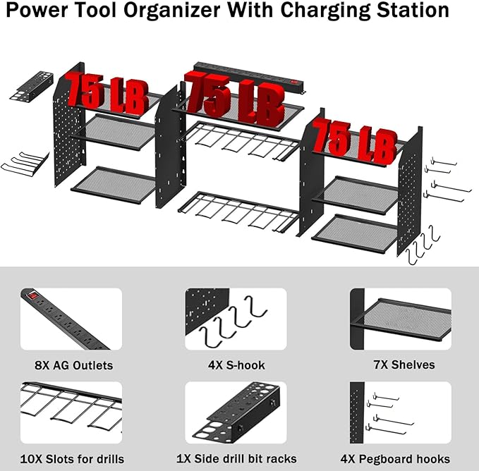 Power Tool Organizer Wall Mount with Charging Station, 10 Drill Holder Wall Mount, 3-Tier Adjustable Cordless Tool Organizer with 8 Hooks, screwdriver holder, Drill Bit Rack, Top Husband Gifts