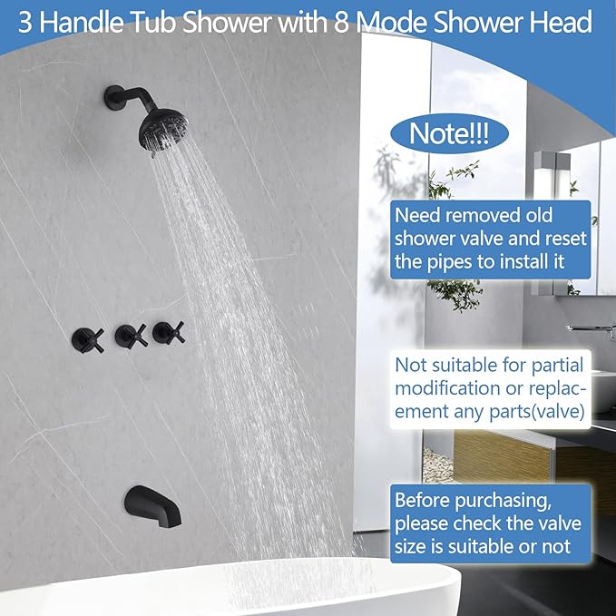 3 Handles Shower Faucet Set with Tub Spout Bathtub Shower Faucets Combo Set Shower System Complete Tub and Shower Trim Kit Shower Fixtures Matte Black