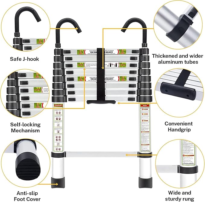 Telescopic Ladder, 6.5FT RIKADE Aluminum Telescoping Ladder with Non-Slip Feet and Stable Hook, Portable Extension Ladder for Household and Outdoor Working, 330lb Capacity