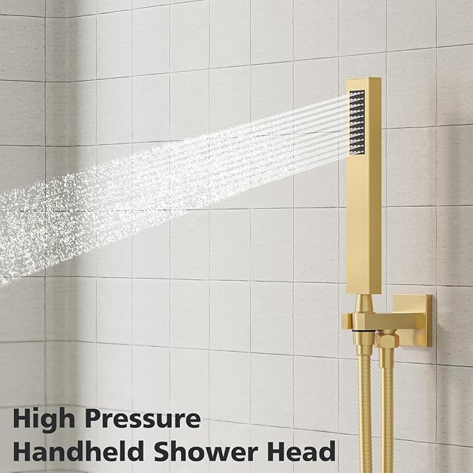 Gabrylly Gold Shower Head, Shower Faucet Set with High Pressure 10 Inch Rain Shower Head and Handheld Spray Combo, All Metal Shower Head Set with Shower Valve Kit, Brushed Gold