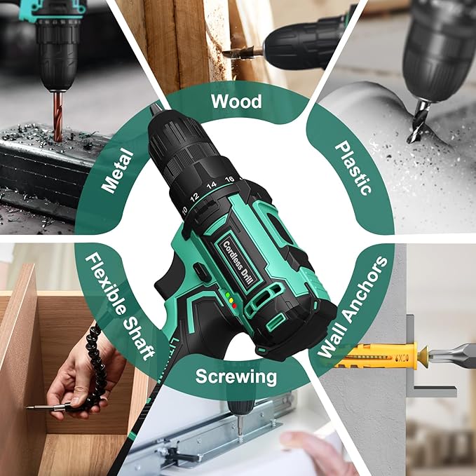 Cordless Drill Set,12V Power Drill Driver 3/8" Keyless Chuck with 42 Acessories, Built-in LED Light, 25+1 Position, Electric Drill for Home DIY Projects(Cyan)