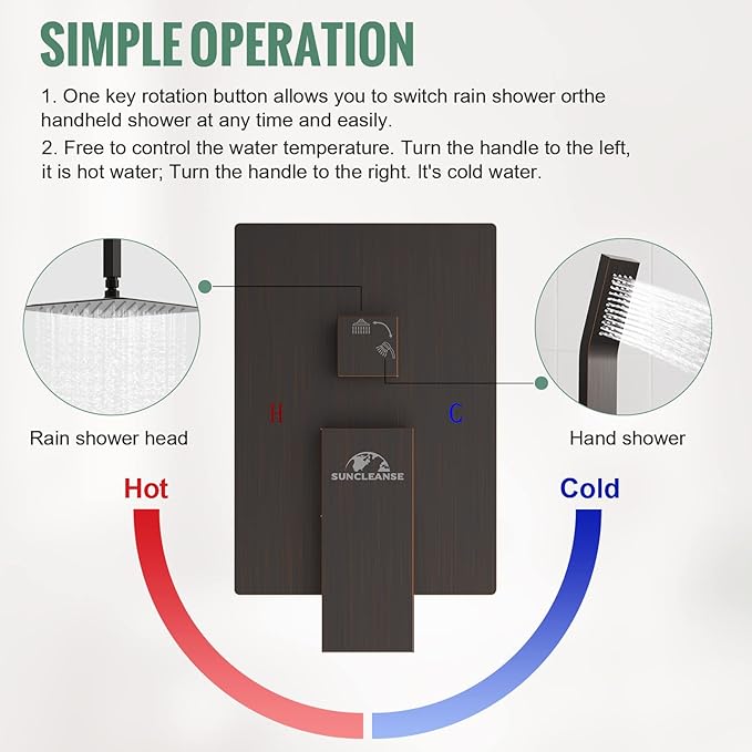 SunCleanse Rainfall Shower System Oil Rubbed Bronze Shower Faucet Combo Set with High Pressure 12 Inches Square Rain Shower Head, Handheld and Shower Faucet Rough-in Mixer Valve and Trim