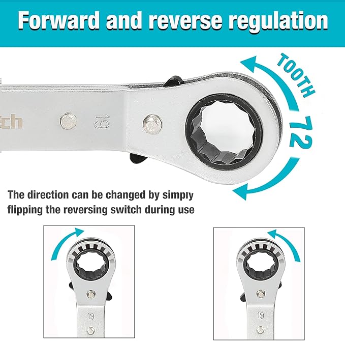DURATECH 5 Pc Double Offset Box End Reversible Ratcheting Wrench Set Metric, Heavy-duty, Matte Chrome Plated, Ratchet Spanner Crooked for Narrow Spaces (6x8 mm, 10x12 mm, 13x14 mm, 15x17 mm, 19x21 mm)