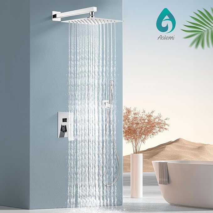 Aolemi Shower System with Rainfall Shower Head and Handheld Wall Mount,High Pressure Shower Faucet Set Fixture Combo with 2 in 1 Handheld Spray Rough-in Valve,16 Inch Shower Head Polish Chrome