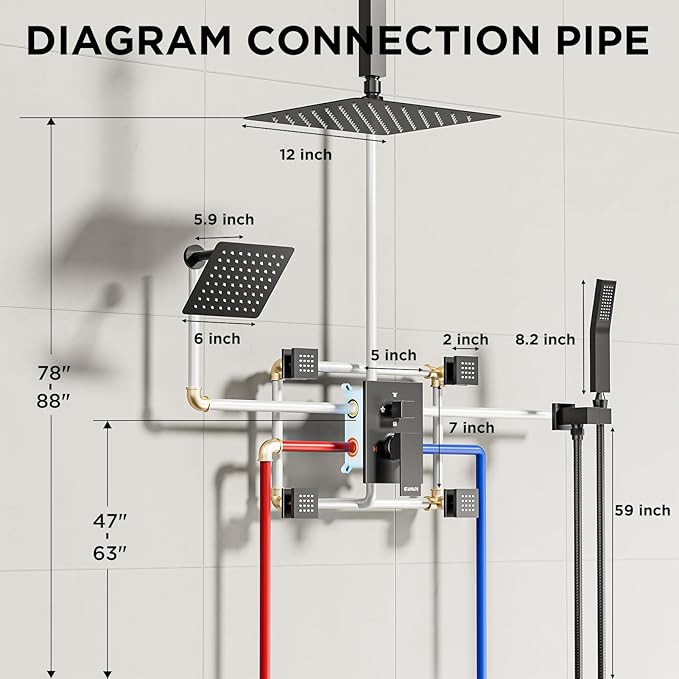 Shower Systems with 4 Body Spray Jets, STARBATH 4 Way 12+6" Rainfall Shower Head with Handheld Combo, Ceiling Mounted Shower Jets System in Wall Shower Faucet Sets Complete, Matte Black