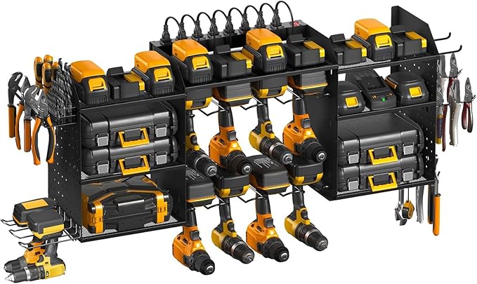 Power Tool Organizer Wall Mount with Charging Station, 10 Drill Holder Wall Mount, 3-Tier Adjustable Cordless Tool Organizer with 8 Hooks, screwdriver holder, Drill Bit Rack, Top Husband Gifts